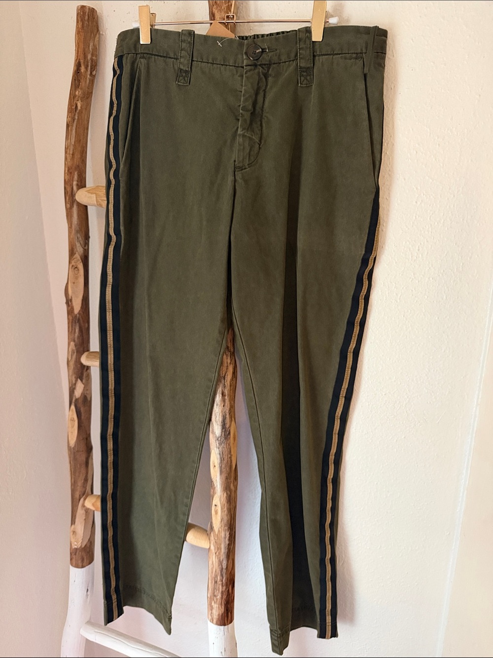Zadig & Voltaire Olive Green Cotton Chino Pants with Black & Gold Side Stripes M